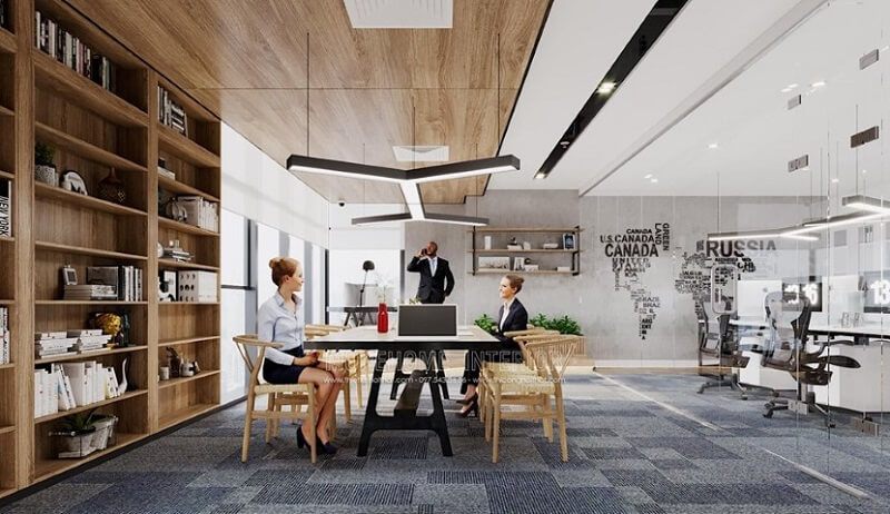 Văn phòng được trang trí đẹp bằng gỗ công nghiệp MFC cao cấp, bao gồm các thiết bị như bàn ghế, kệ sách, ốp sàn,..